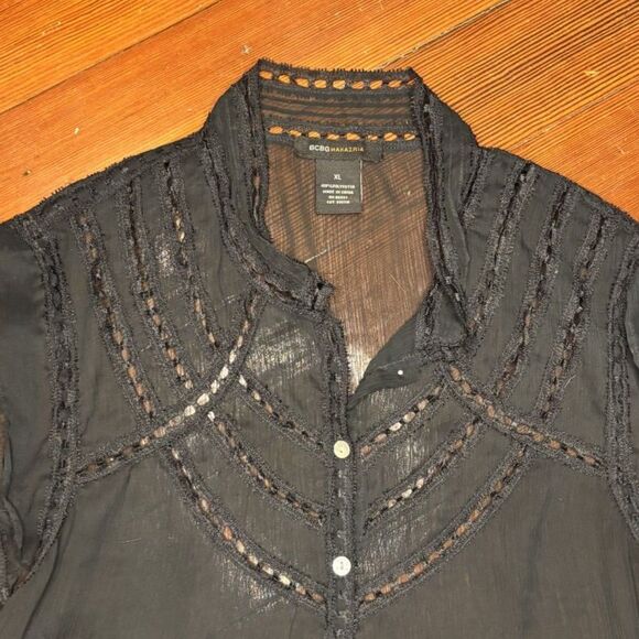 BCBG Max Azria Sheer Black Button Up Blouse Lace Trim Size XL - Picture 5 of 6